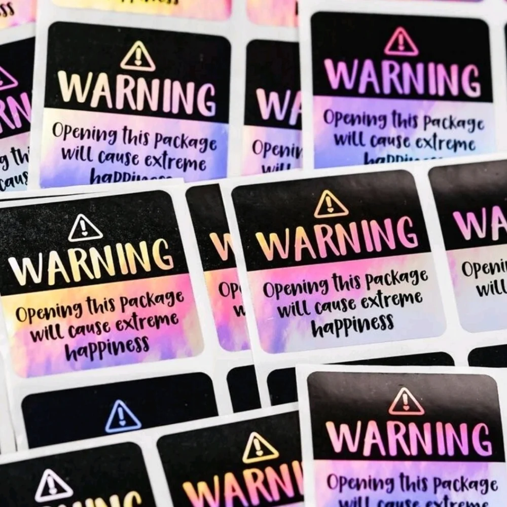 🔹️ 60 Black iridescent Adorable Warning, Extreme Happiness Labels stickers✨️🖤